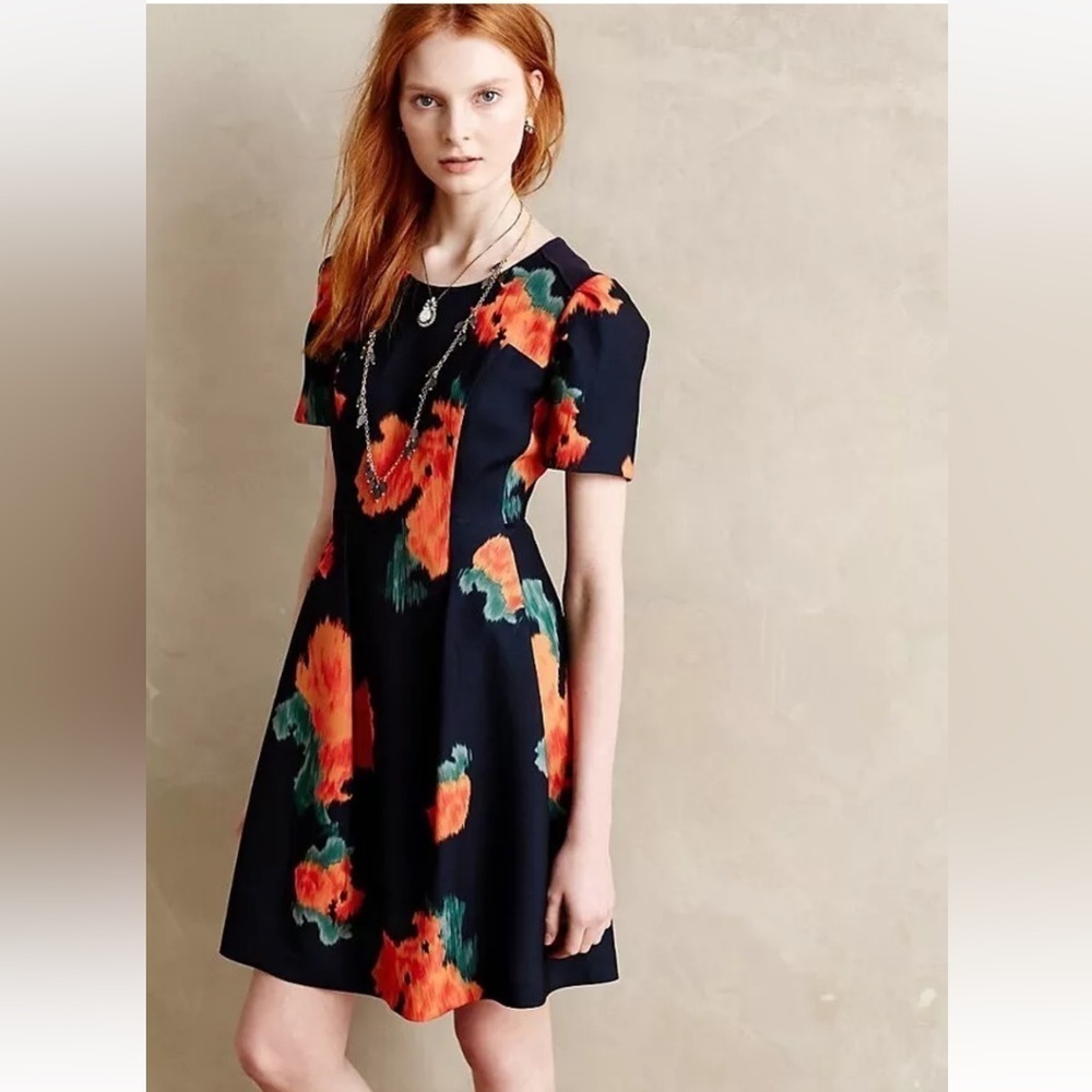 McGinn/Anthropolgie Poppy Palette Floral Short Sleeve Flared Mini Dress Size 10